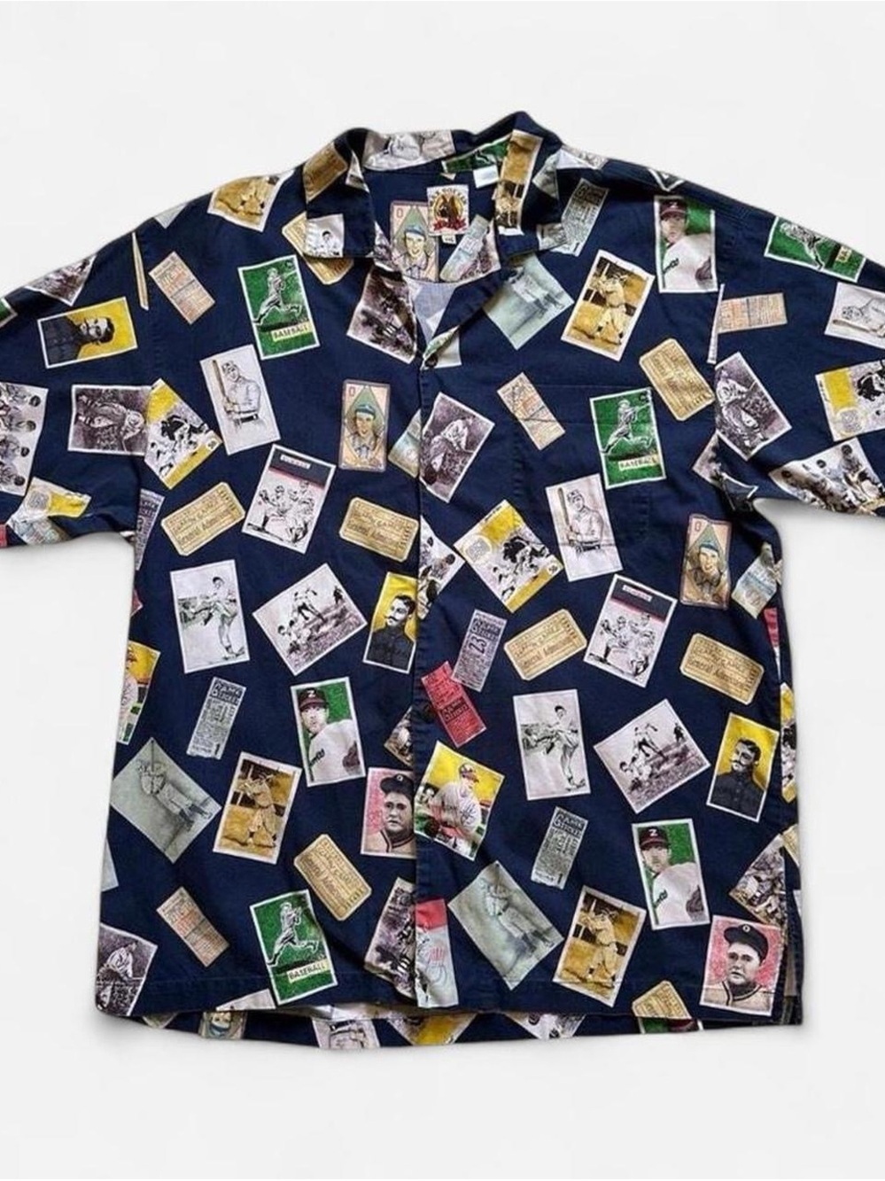 Vintage 1990s Max Boxxer Men's Navy Baseball Card Print Casual Shirt XXL